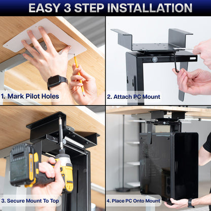 Step-by-step installation guide for the spacer bracket for PC mounts with text 'EASY 3 STEP INSTALLATION'.