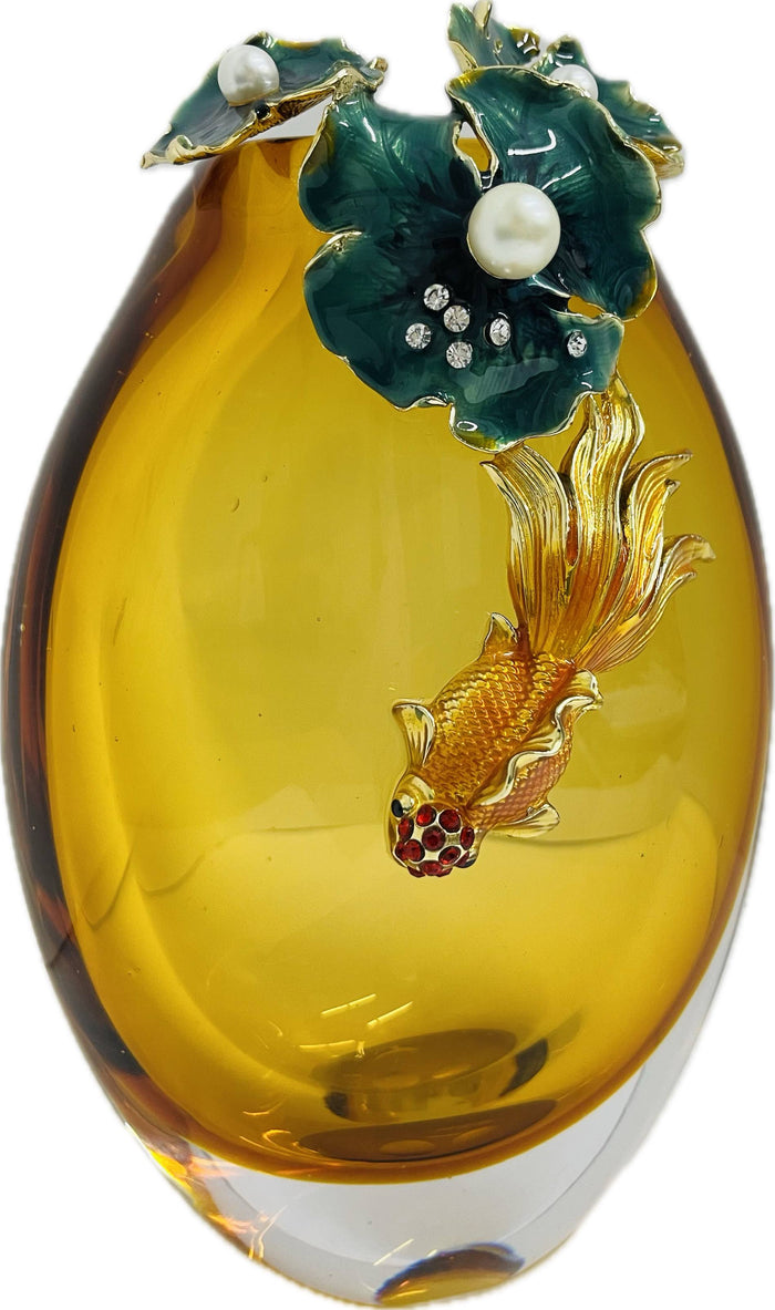 Vase With Gold Fish Oval Glass