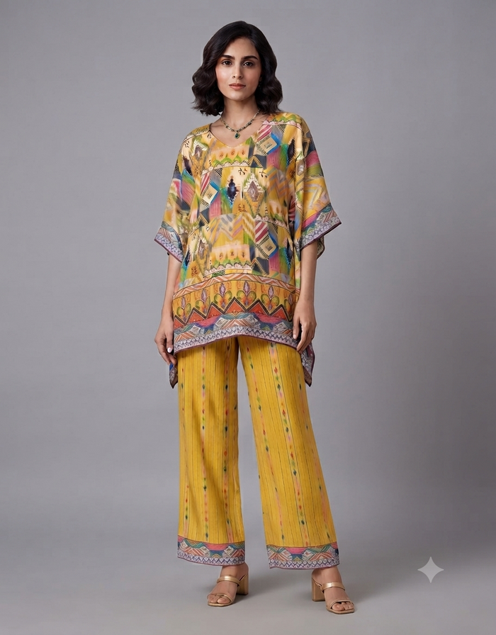 A female model posing in a vibrant yellow patterned kaftan top and matching wide-leg pants against a plain grey background.
