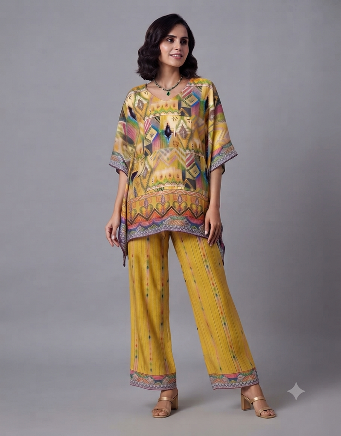 A female model posing in a vibrant yellow patterned kaftan top and matching wide-leg pants against a plain grey background.