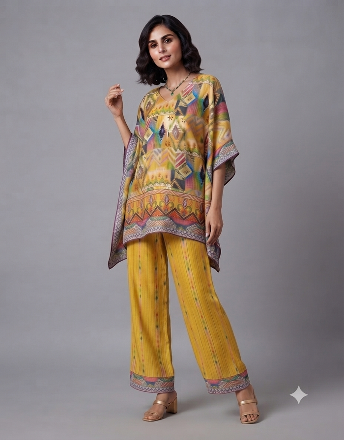 A female model posing in a vibrant yellow patterned kaftan top and matching wide-leg pants against a plain grey background.