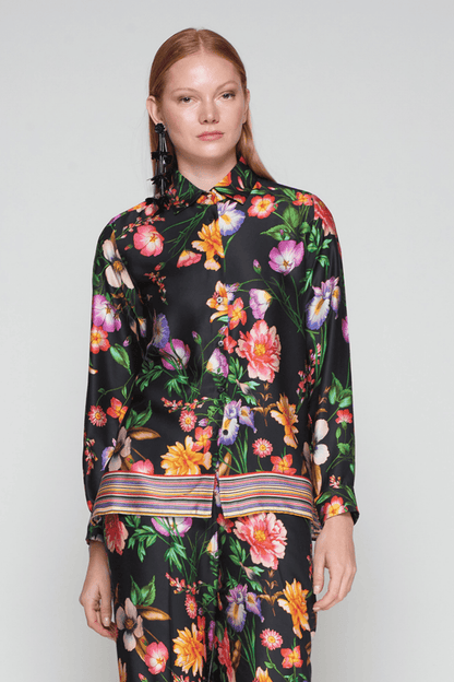 Vilagallo 32856 Black Floral Shirt with Striped Hem by Vilagallo, shop the stylish collection at Dotique.