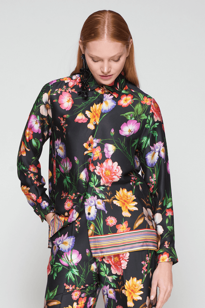 Vilagallo 32856 Black Floral Shirt with Striped Hem by Vilagallo, shop the Vilagallo collection at Dotique.