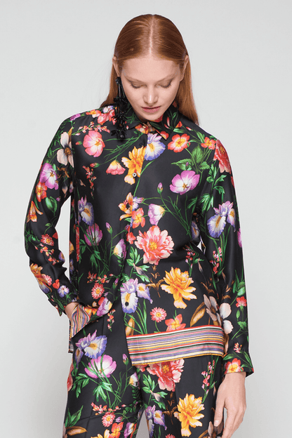 Vilagallo 32856 Black Floral Shirt with Striped Hem by Vilagallo, shop the Vilagallo collection at Dotique.