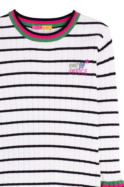 Vilagallo 33508 White & Black Striped Cotton Top with Green & Pink Trim by vilagallo, shop vilagallo at Dotique close-up on ribbed fabric