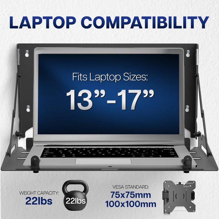 VIVO Laptop Holder Mounted to Wall Holding a Laptop Showing Size Compatibility of 13" to 17" Laptops