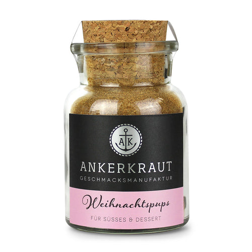 Weihnachtspups von Ankerkraut im Korkenglas auf weißem Hintergrund.