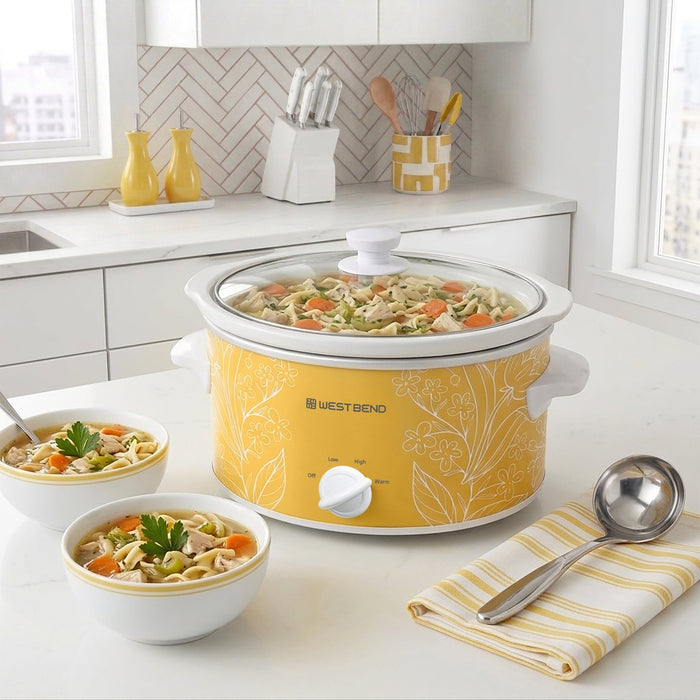 West Bend Pattern Slow Cooker, 4 Qt. Capacity in Yellow and White - West Bend