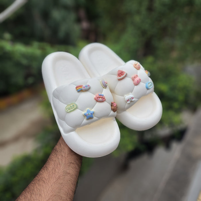 White Adorable embellishments Sliders - Maha fashions -  Women Footwear