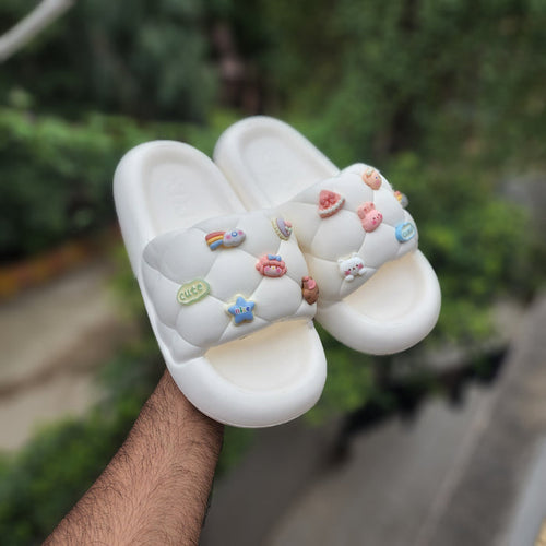 White Adorable embellishments Sliders - Maha fashions -  Women Footwear