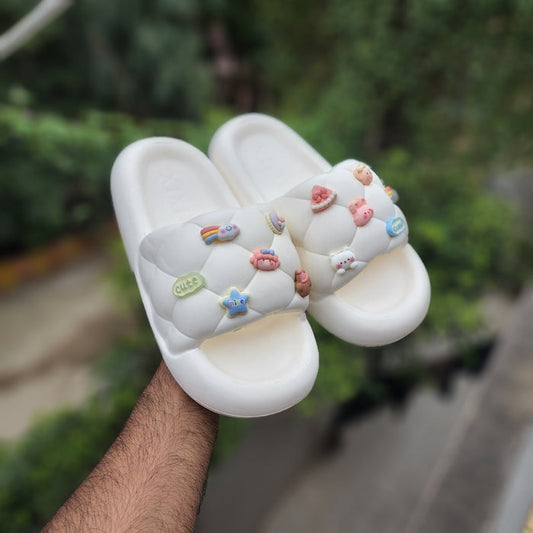 White Adorable embellishments Sliders - Maha fashions -  Women Footwear