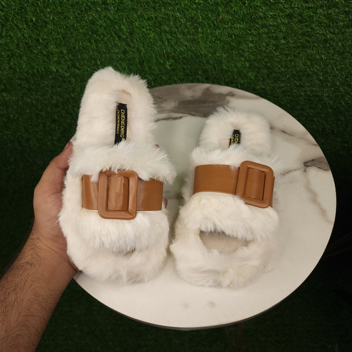 White Brown Fur Slippers - Maha fashions -  Women Footwear