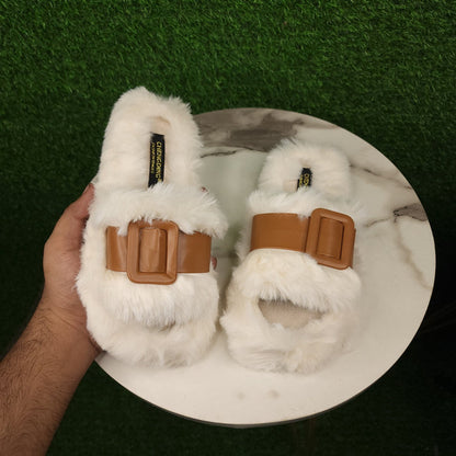White Brown Fur Slippers - Maha fashions -  Women Footwear