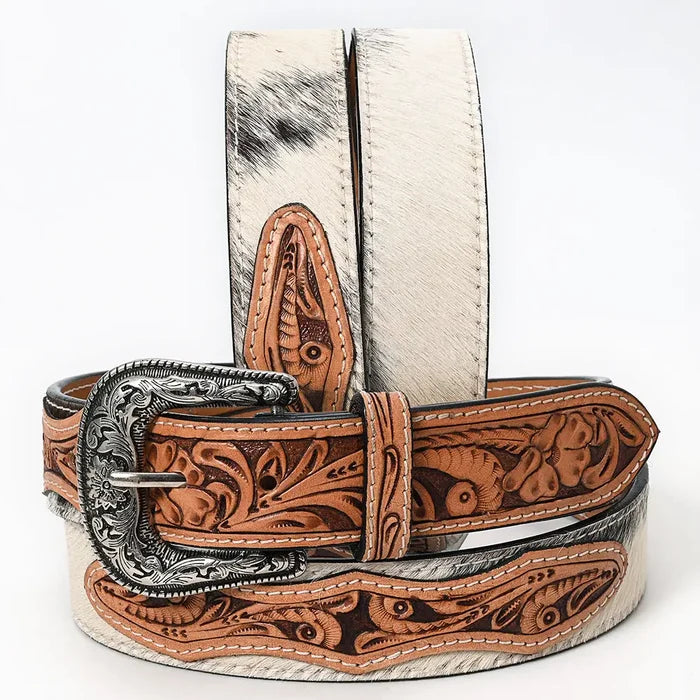 White Hair-On Cowhide Belt with Floral Tooled Leather Inlays and Western Buckle