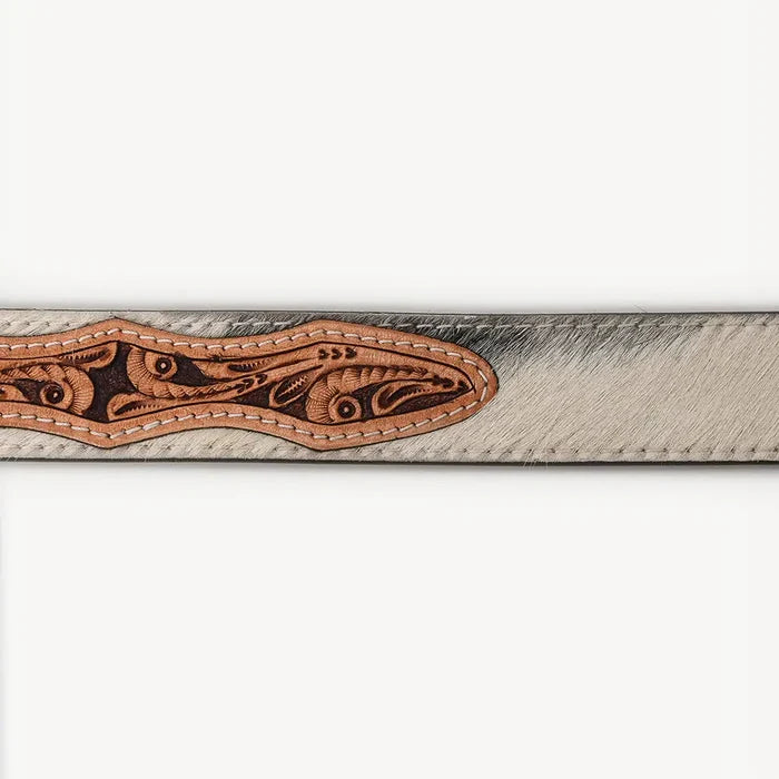 White Hair-On Cowhide Belt with Floral Tooled Leather Inlays and Western Buckle