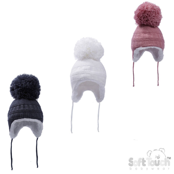 WHITE, STEEL BUE, DUSTY PINK KNITTED HAT W/POM POM, STRING & SHERPA LINING (NB-12 Months) H644-SM