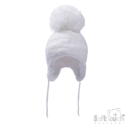 WHITE, STEEL BUE, DUSTY PINK KNITTED HAT W/POM POM, STRING & SHERPA LINING (NB-12 Months) H644-SM