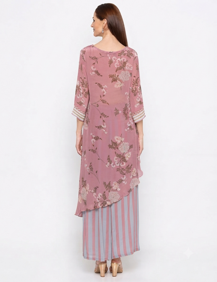 Pink Windance Printed High-Low Top paired with printed stripe crepe pants for women, featuring a contemporary designer co-ord silhouette.