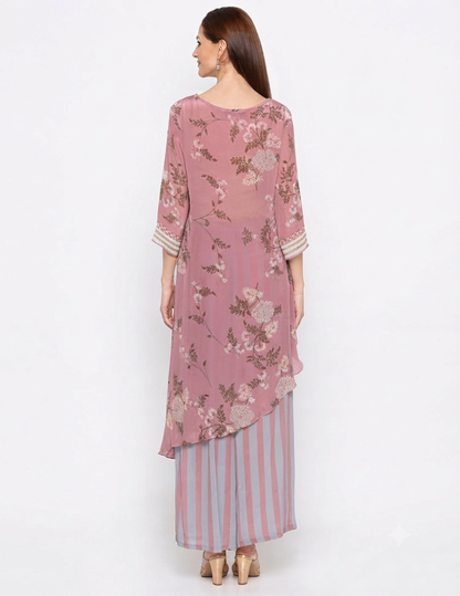Pink Windance Printed High-Low Top paired with printed stripe crepe pants for women, featuring a contemporary designer co-ord silhouette.