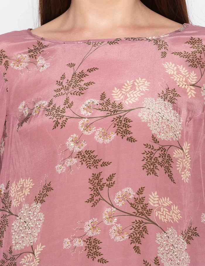 Pink Windance Printed High-Low Top paired with printed stripe crepe pants for women, featuring a contemporary designer co-ord silhouette.