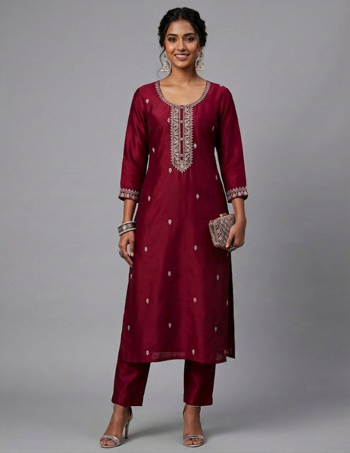 A woman modeling a deep maroon kurta set with silver mirror work embroidery on the neckline and cuffs, paired with matching trousers, against a solid gray studio background.