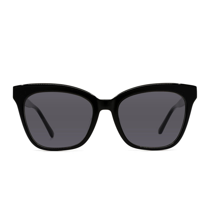 prescription sunglasses - diff eyewear winston cat eye as a sunglasses with a black acetate frame and grey prescription lenses front view