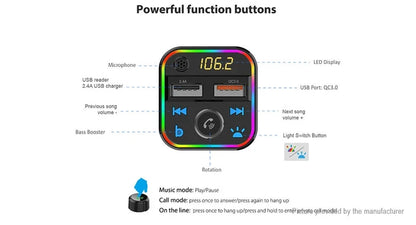Wireless Music Stream Car Charger Bluetooth FM Transmitter with RGB Dancing light. This device releases stream music and call directly from your Bluetooth device to your car’s FM stereo system-NP-9951QUBTL Hannah's Variety Store