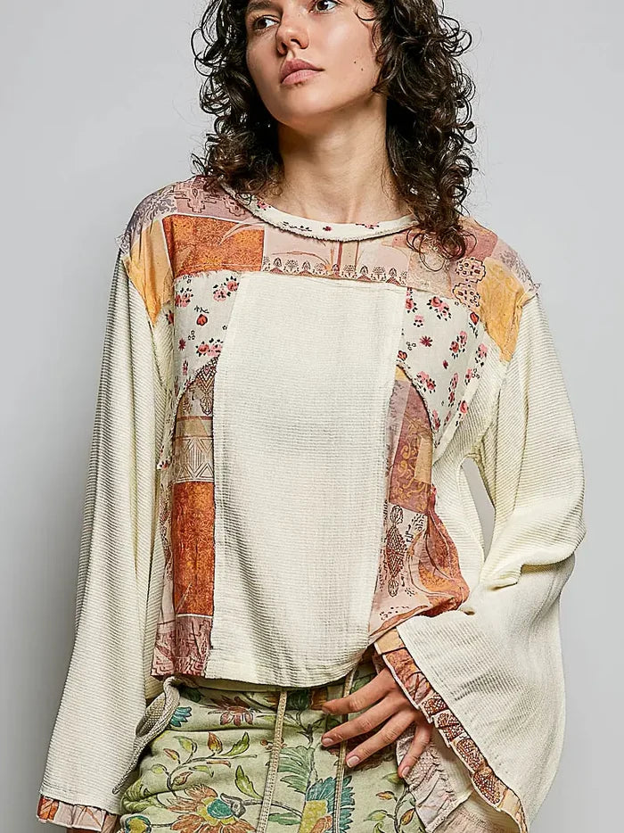 Women's Long Sleeve Boho Mixed Media Top in Cream