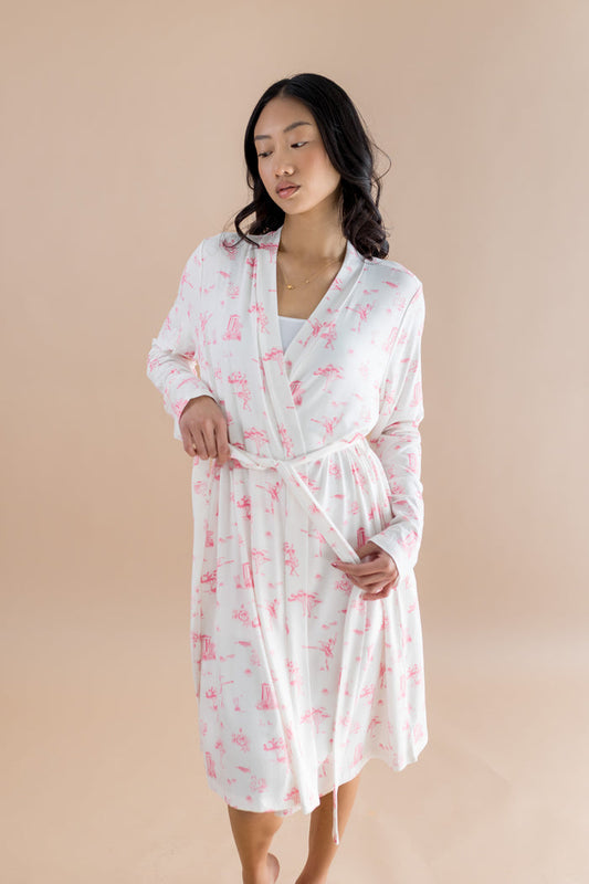 Female modeling the Women's Lounge Robe in Toile Ballet