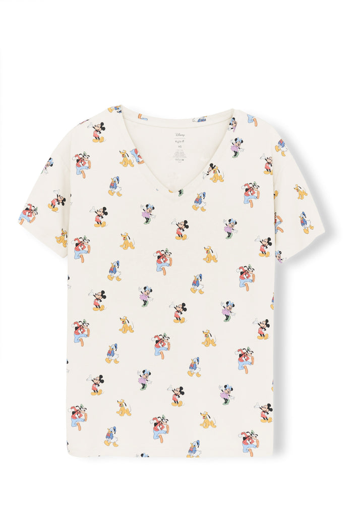 Women's Relaxed Fit V-Neck with Mickey Mouse and Friends print on an oat background