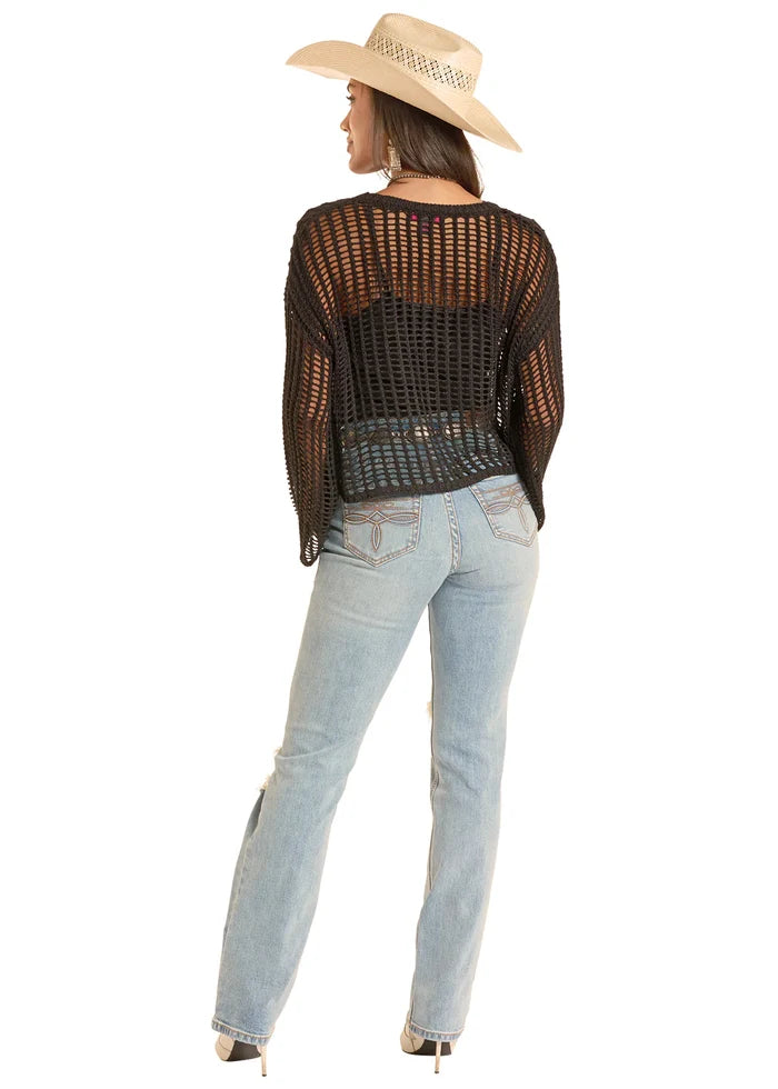 Women's Rock & Roll Denim Open Knit Sweater in Black