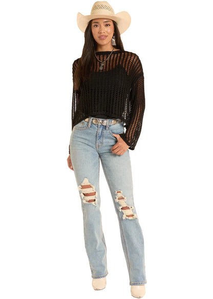 Women's Rock & Roll Denim Open Knit Sweater in Black