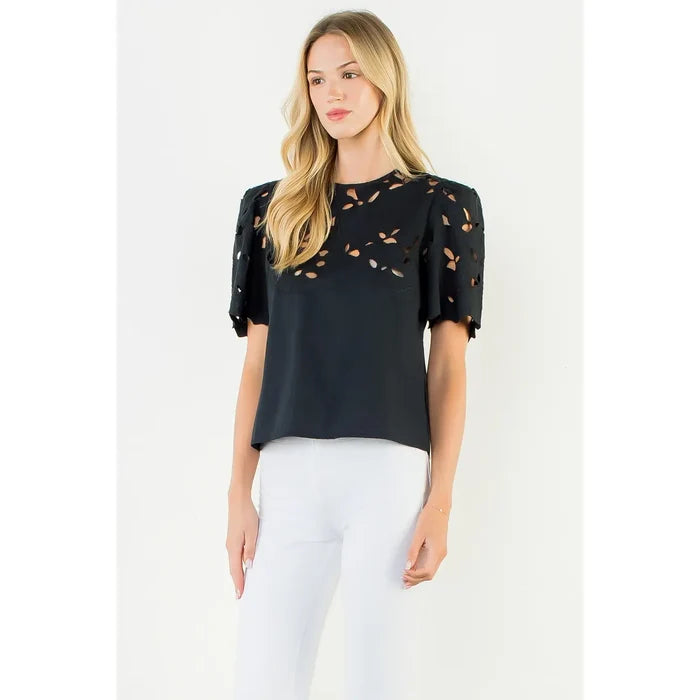 Women's Short Sleeve Eyelet Top in Black
