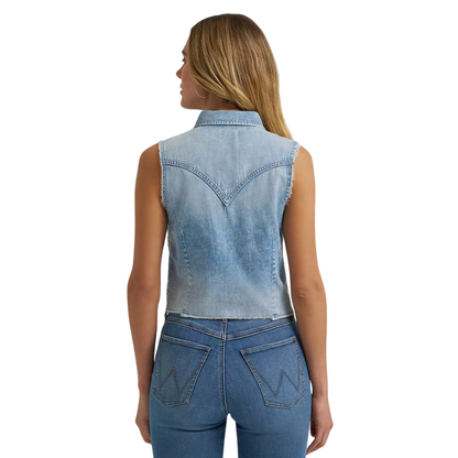 Wrangler Retro Women's Frayed Hem Sleeveless Denim Snap Shirt in Light Denim
