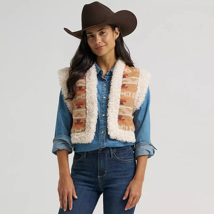 Wrangler Women's Sherpa Lined Jacquard Vest in Tan