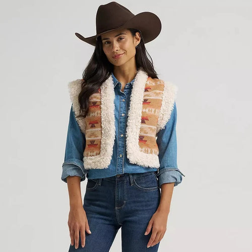 Wrangler Women's Sherpa Lined Jacquard Vest in Tan