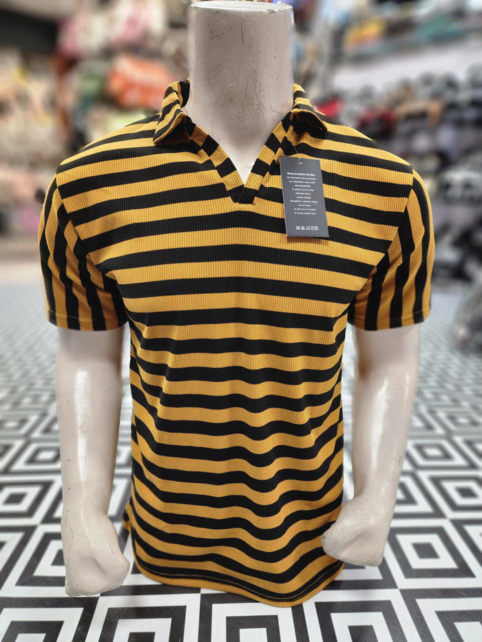 Yellow Black Classic Striped Polo Shirt - Maha fashions -