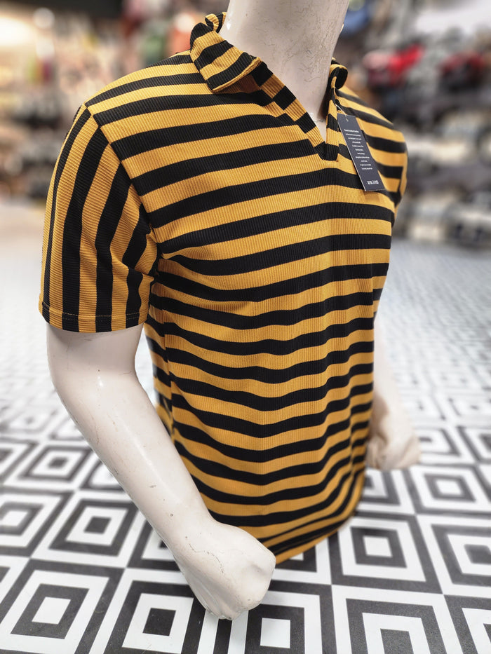 Yellow Black Classic Striped Polo Shirt - Maha fashions -
