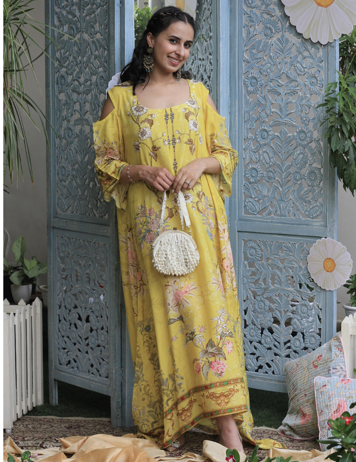 Mastaani Yellow Moroccan Satin Silk Festive Dress