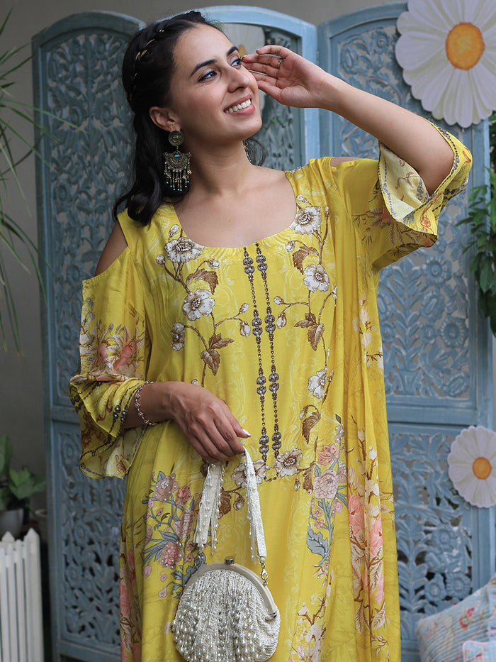 Mastaani Yellow Moroccan Satin Silk Festive Dress front view