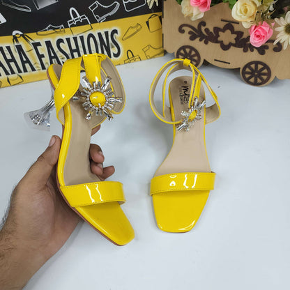 Yellow Sandals in Heels With Buckle - Maha fashions -