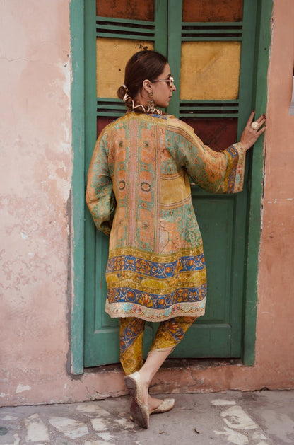 Designer yellow silk kaftan set