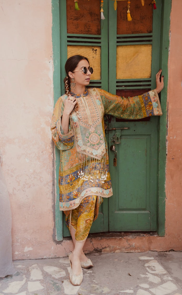 Women's yellow silk kaftan set