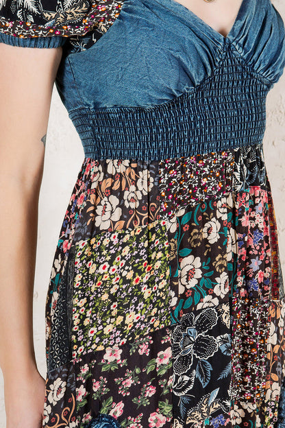 Young Threads Denim Floral Western Boho Midi Dress