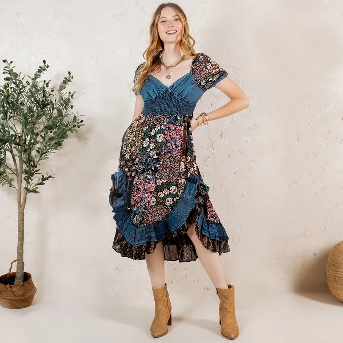 Young Threads Denim Floral Western Boho Midi Dress