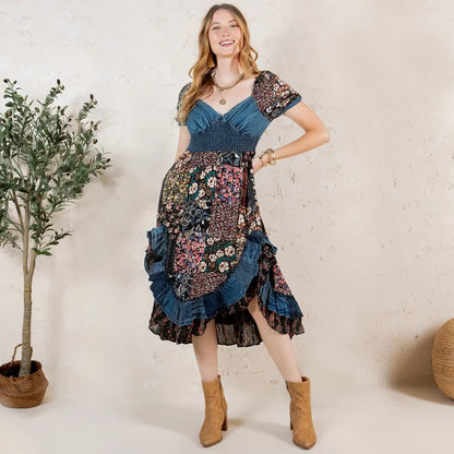 Young Threads Denim Floral Western Boho Midi Dress