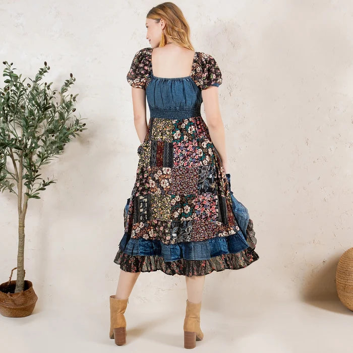 Young Threads Denim Floral Western Boho Midi Dress