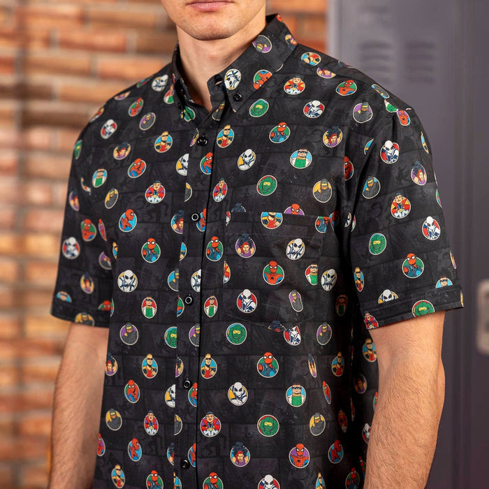 RSVLTS Marvel Marvel Friendly Neighborhood Spiderman "(Circles) Allies and Archenemies" _ KUNUFLEX Short Sleeve Shirt Marvel Friendly Neighborhood Spiderman "(Circles) Allies and Archenemies" _ KUNUFLEX Short Sleeve Shirt