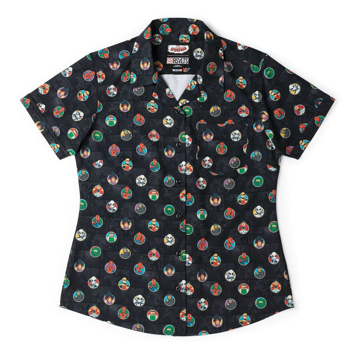RSVLTS XS Marvel Marvel Friendly Neighborhood Spiderman "(Circles) Allies and Archenemies" _ Women's KUNUFLEX Short Sleeve Shirt Marvel Friendly Neighborhood Spiderman "(Circles) Allies and Archenemies" _ Women's KUNUFLEX Short Sleeve Shirt