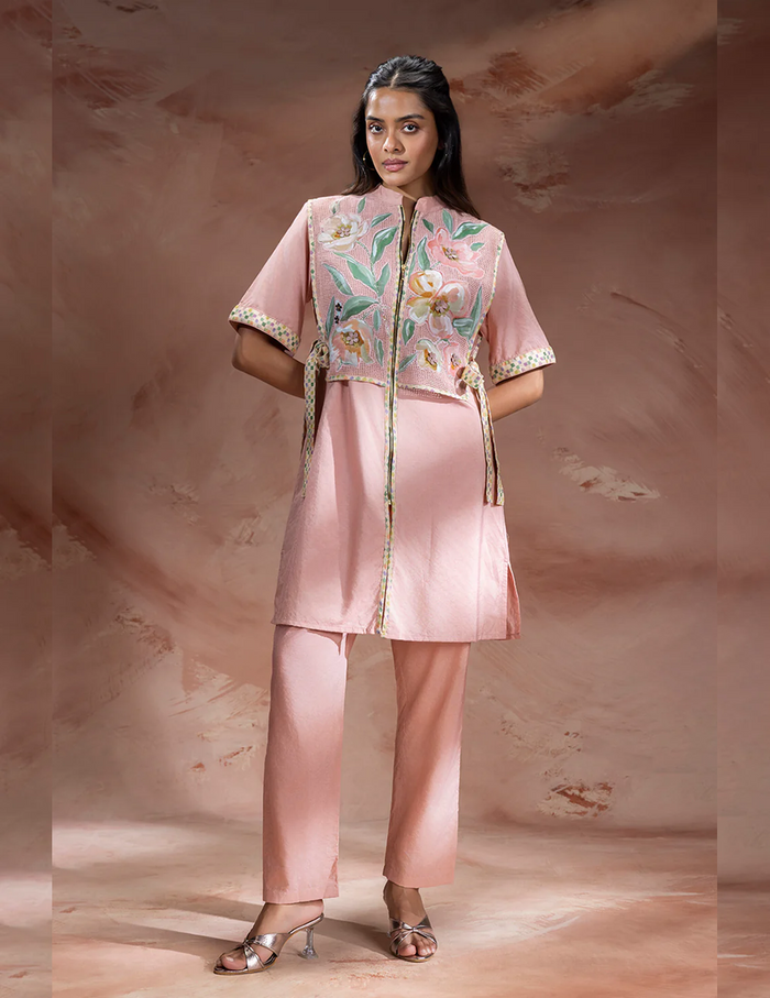Dusky Pink Embroidered Bib-Style Kurta in Chanderi with matching straight pants featuring delicate floral embroidery and elegant festive detailing for women.